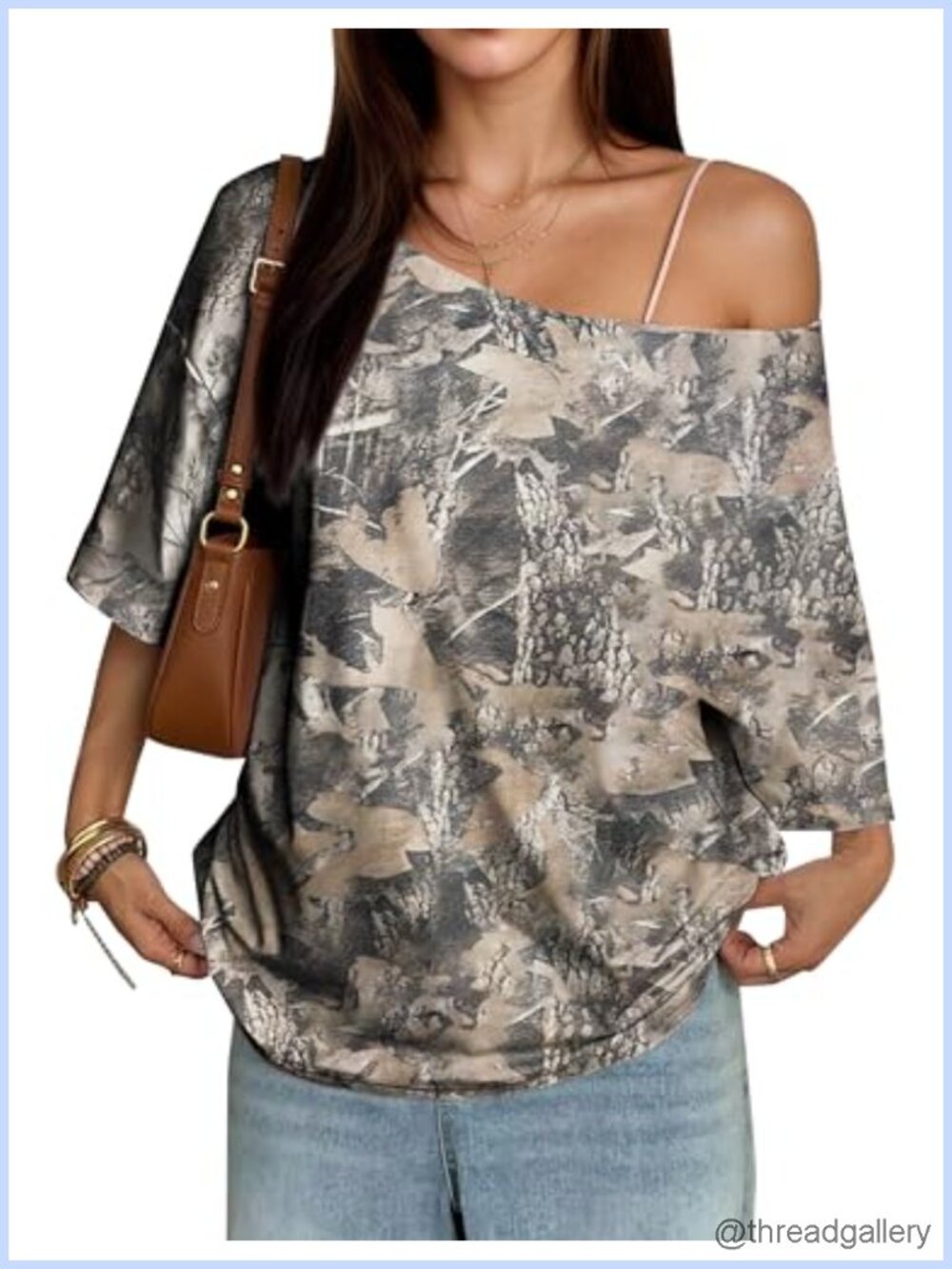 Oversized Off Shoulder Camo Maple Leaf Print Short Sleeve Y2K Streetwear Tee